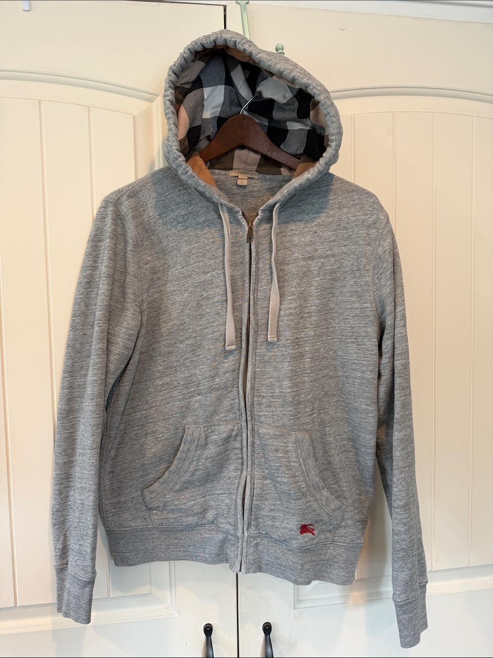 Burberry Gray Zip-Up Hoodie with Plaid-Lined Hood